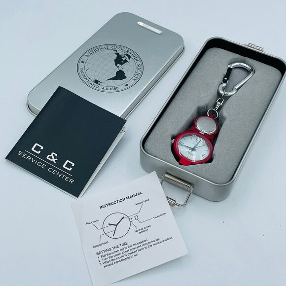 National Geographic Society Watch Keychain Carbine Clip On in Tin Red NEW - Picture 1 of 7